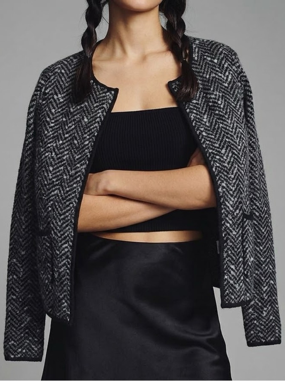 Vintage Wool Blend Black Herringbone Cardigan sweater Size Large Office Siren